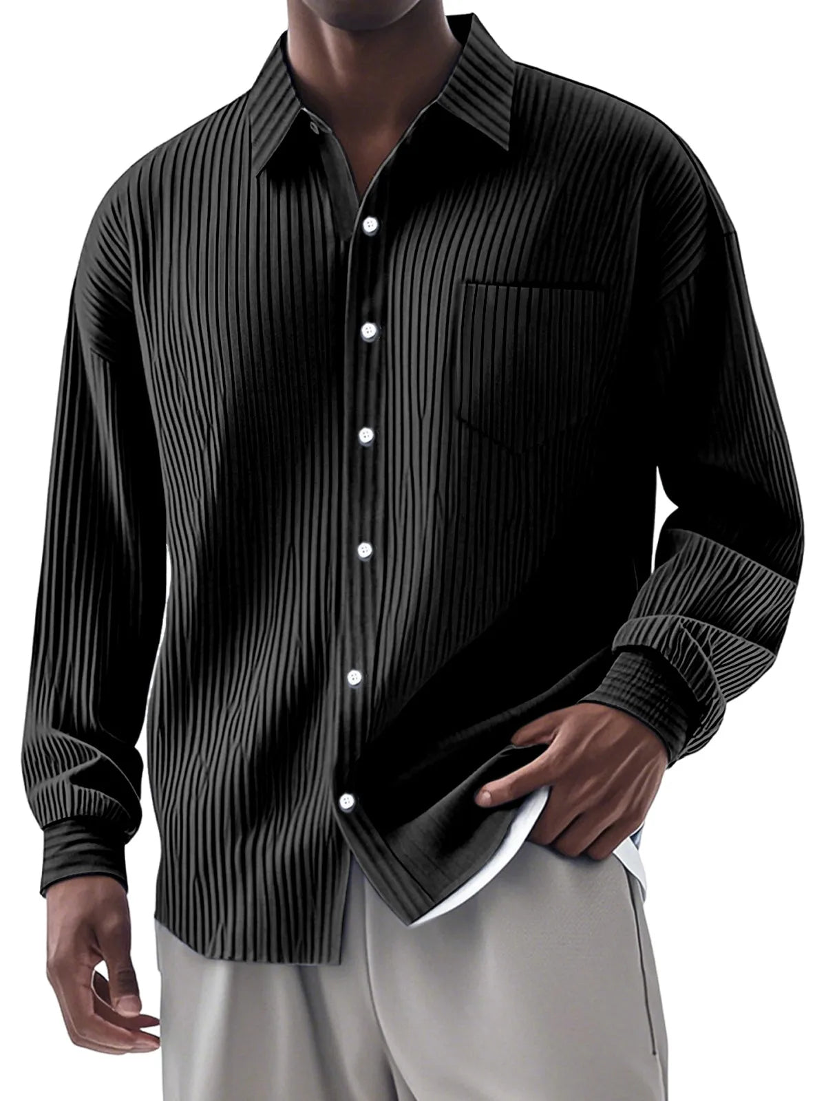 CLEARANCE SALE🔥Men's Casual Simple Vertical Pit Strip Long-sleeved Lapel Shirt